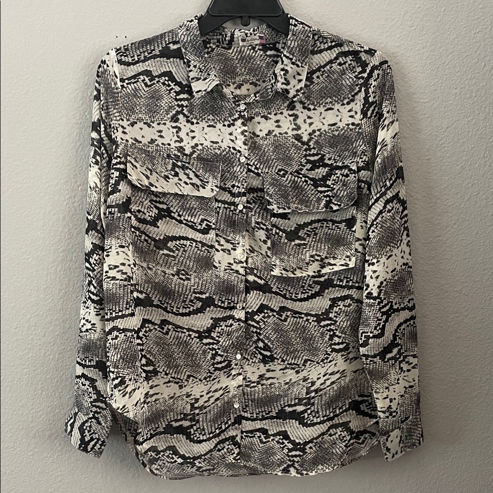 Kut From The Kloth Snakeskin Printed Long Sleeve Sheer Button Down Shirt Top